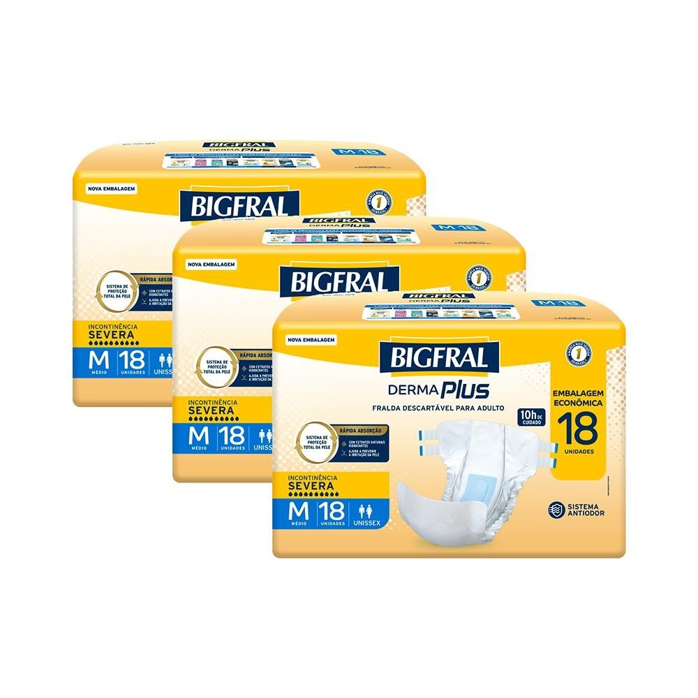 Kit 3 Fraldas Geriátricas Bigfral Derma Plus M com 18un cada em Oferta na Shopee