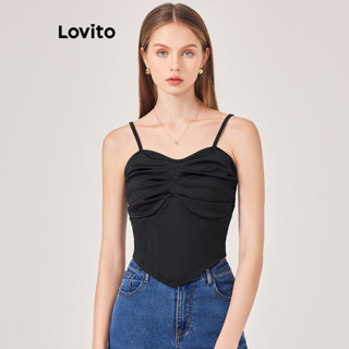 Lovito Casual Blusa Feminina Lisa de Tricô Plissada Alinhada L71ED269 (Preto)