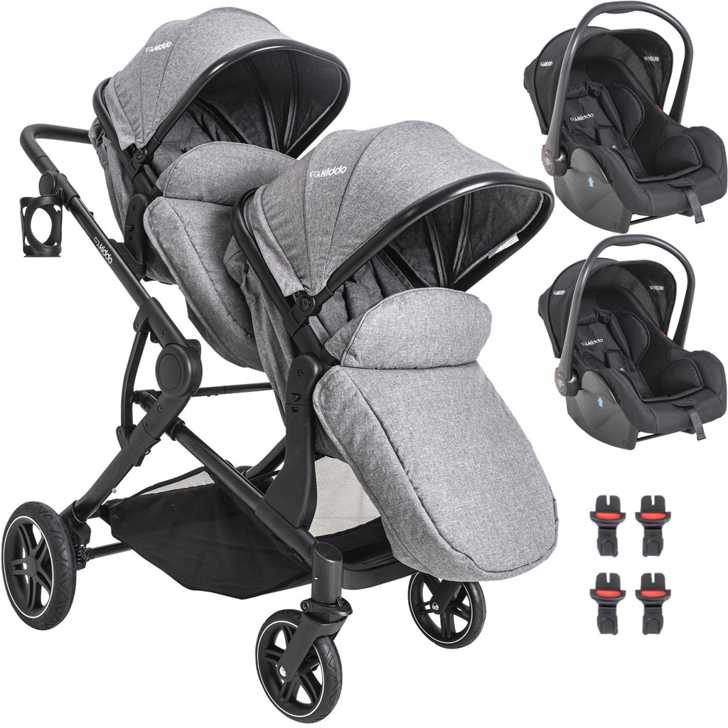 Carrinho de Bebe para Gemeos Kiddo Pair Cinza com 2 Bebe Conforto