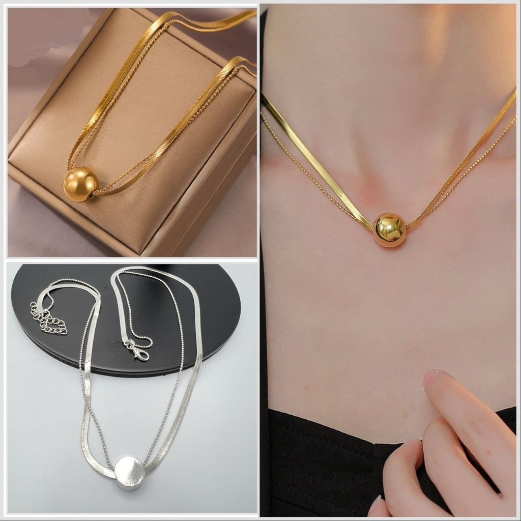 Colar Choker feminina de camada dupla moda bola de sorte cadeia de osso de cobra banho em ouro 18K e prata 925