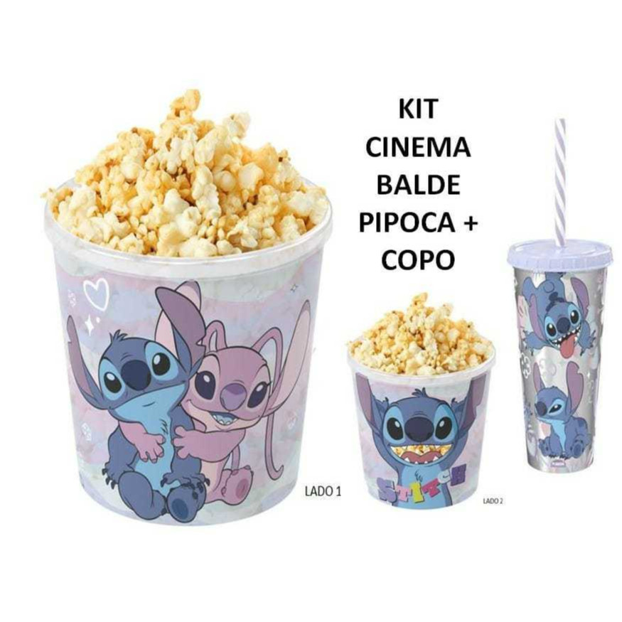 POTE BALDE PIPOCA COPO COM CANUDO 500ML COPO 280ML SANDUICHEIRA OU MARMITA STITCH PLASUTIL