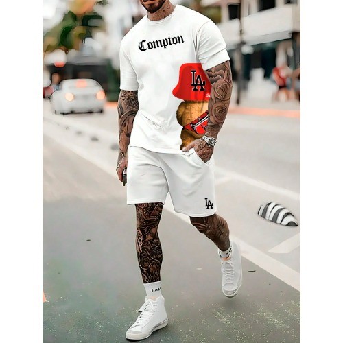 Conjunto Masculino bermuda+camiseta Urso Los Angeles Camiseta r Masculina + Bermuda Moletom Estampada Kit