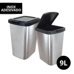 Lixeira Cesto Tipo Inox Com Tampa Click 9 Litros Label Retangular Plástico Automatica Prata Banheiro Pia Cozinha Quarto