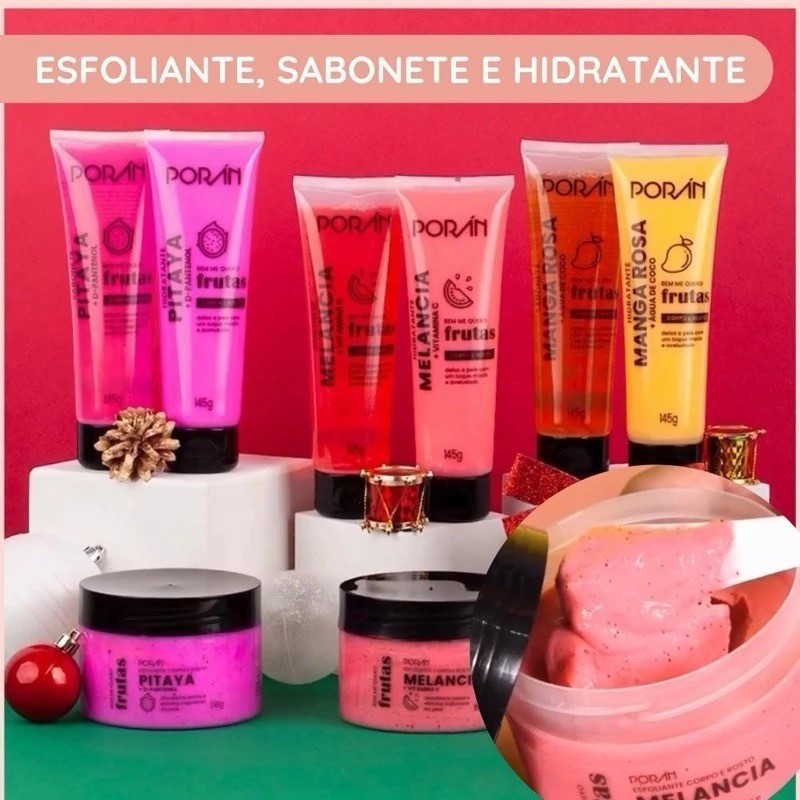 Kit Completo Banho Premium Sabonete + Esfoliante + Hidratante Corpo e Rosto Frutas 240G - Poran
