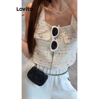 Lovito Regata Feminina Casual Patchwork Com Babados E Gola LNE33184 (Off White)