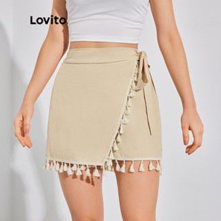 Lovito Shorts com Franjas e Amarração Simples Casual para Mulheres LBL08214