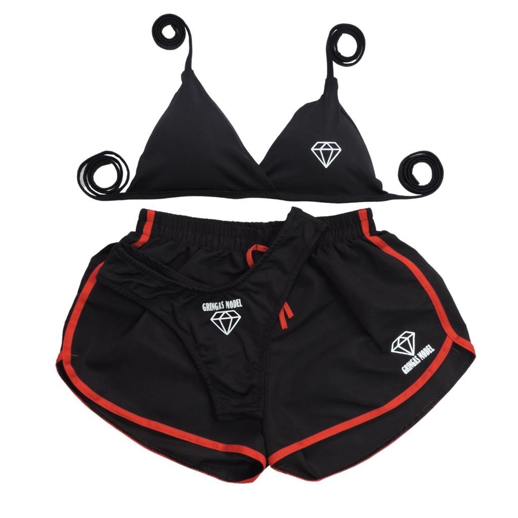 Conjunto Biquini Preto Asa Delta Refletivo + Short - GRINGAS MODEL