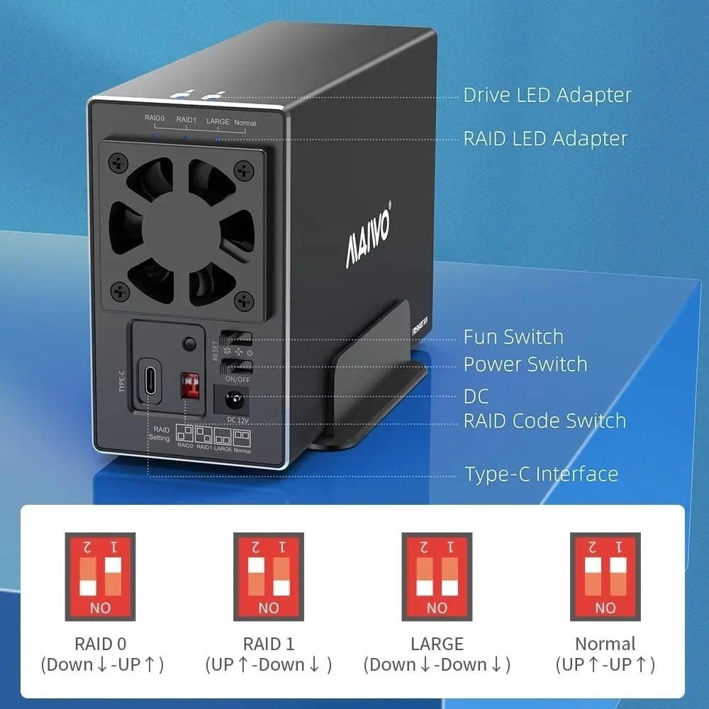 MAIWO HDD Case 3.5 Polegada Dual Bay Gabinete De Disco Rígido Externo USB3.1 Tipo-C 10Gbps Matriz Com Função RAID (M-K35