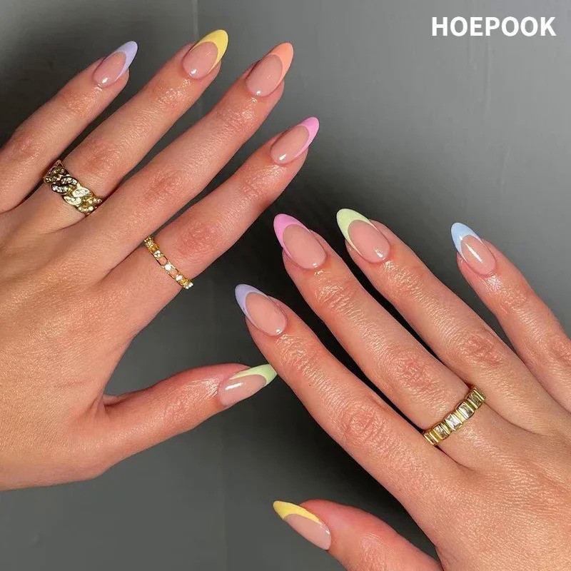 24pcs Francês Rainbow Fake Nails Simples Amêndoa Unhas Falsas Arte Impermeável Removível Imprensa Artificial no em Oferta na Shopee