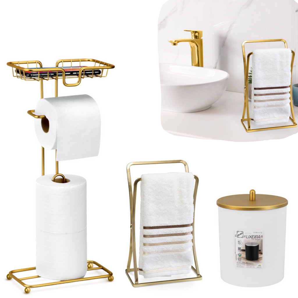 Kit Acessorios Lavabo Dourado Banheiro Lixeira Papeleira Porta Toalha Papel Higiênico Cesto de Lixo