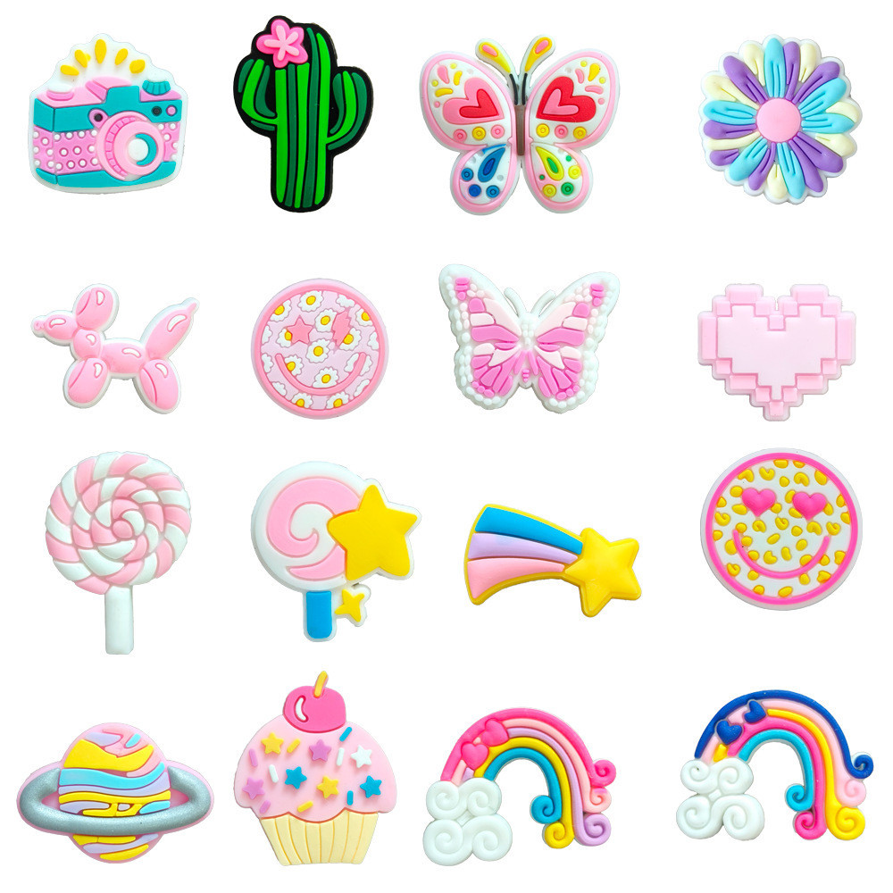 16 Estilos Diferentes Amuletos De Sapatos DIY , Série Rosa Para Meninas , Acessórios , Sandálias , Chinelos , Decoração