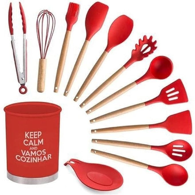 Jogo de Cozinha Kit 13 Peças de Silicone, Utensílios e Copo Suporte para Cozinha Cabo de Madeira Casa