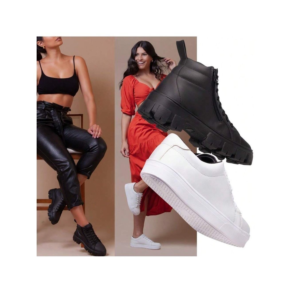 KIT Dois pares Tenis Feminino + Bota  Plataforma Tratorada Com Sola Anti-Derrapante, Coturno + Tenis  casual KIT Feminino com dois pares lindos.