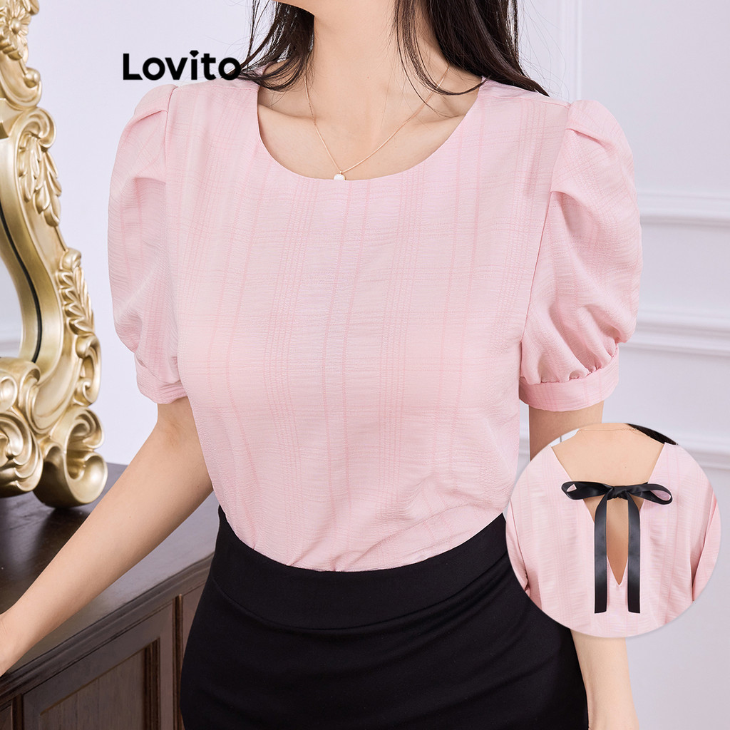 Lovito Blusa casual lisa com recorte texturizado em tecido para mulheres L121AD1050 - Women Clothes