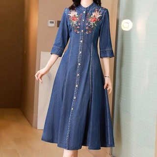 2025 Novo Vestido De Cowboy Bordado Chinês Para Outono Feminino , Nova Coleção Com Cintura E Estilo De Emagrecimento , S