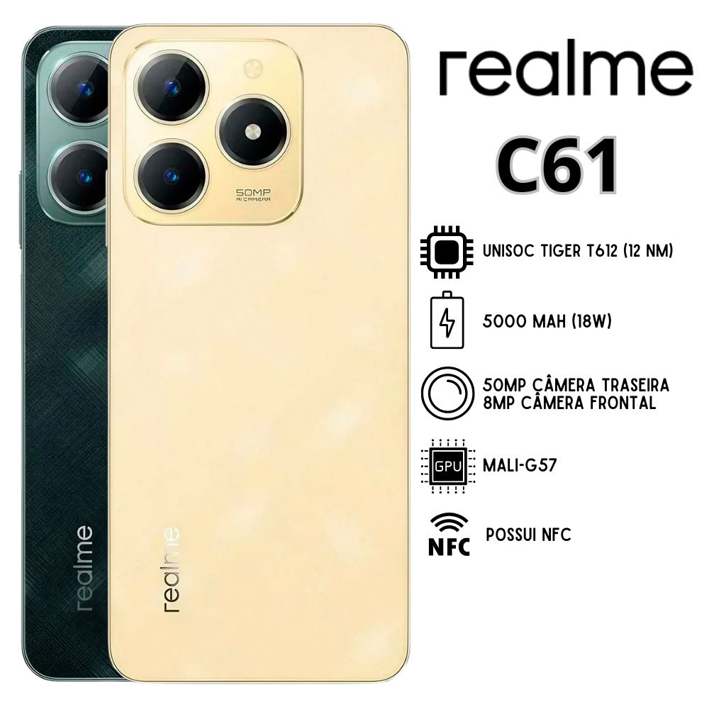 Celular Smartphone Realme C61 NFC 256gb / 128gb Versão Global (COM CAPINHA E PELÍCULA DE CORTESIA)