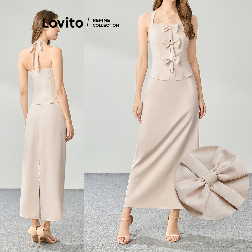 (Lovito Refine) Tops ou calças femininas elegantes com laço liso frontal dividido nas costas LR1ED040 - Women Clothes