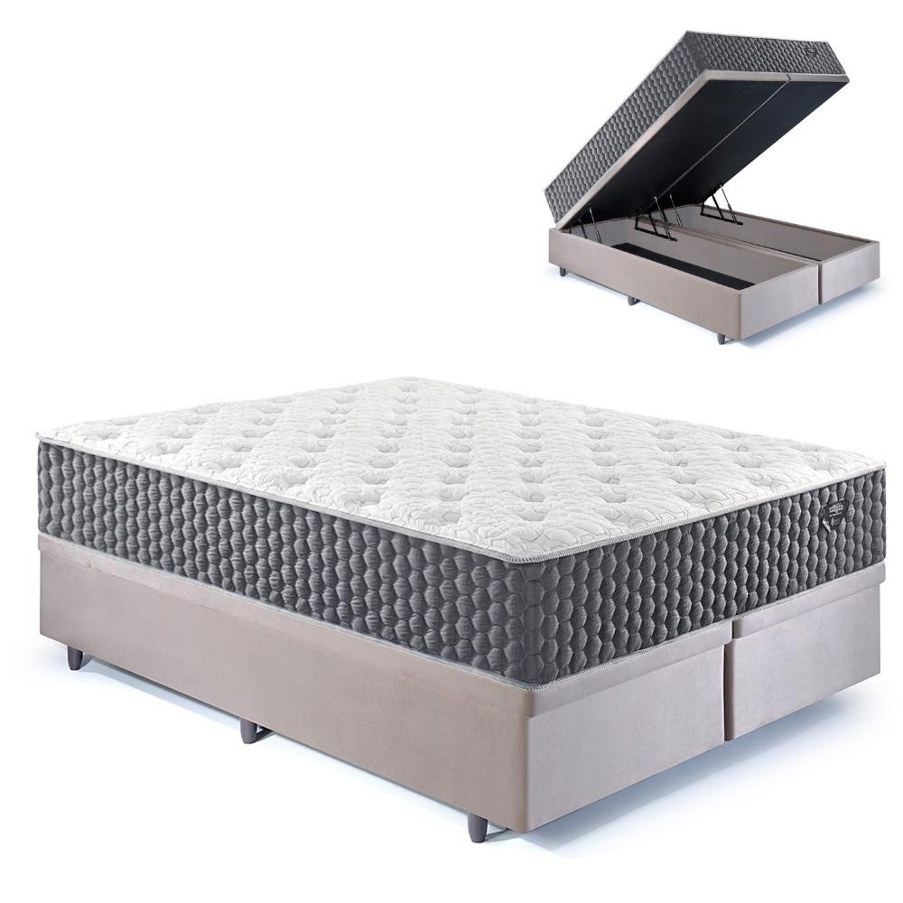 Base Box Baú King 193x203 Suede Bege com Colchão Relax Fresh