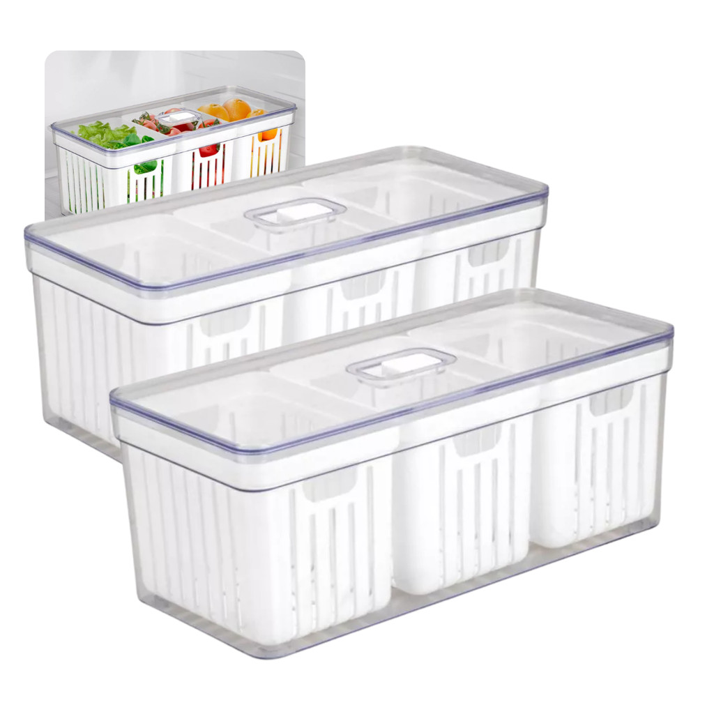 Kit 2 Organizador de Geladeira Quadrado 6,8 Litros C/ 3 Cestos Multiuso Alimentos Verduras Potes de Salada