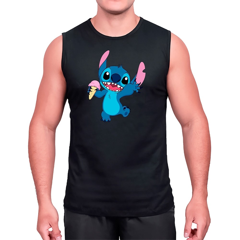 Regata Estampa Lilo Stitch Sorvete Algodão Camiseta Básica Lisa Cavada Alça Premium - Envio Imediato