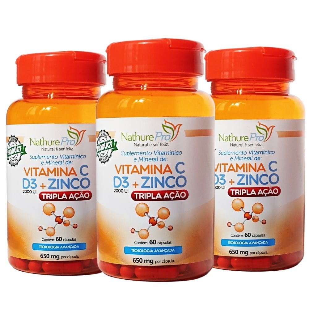 Kit 3 Vitamina C + D3 + Zinco (Tripla Ação) 60 Cápsulas 650mg - Mais imunidade!