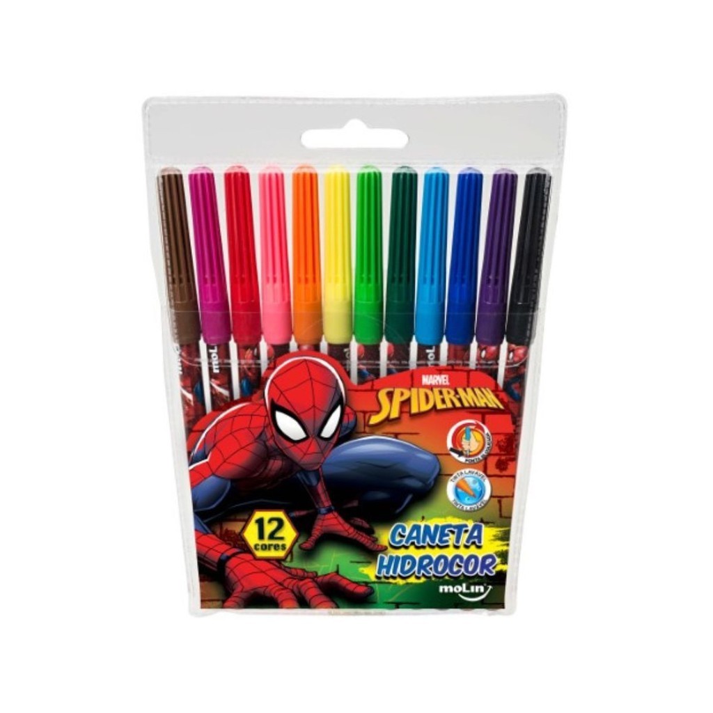 Hidrocor Canetinha 12 Cores Caneta Molin Spider Man Aranha