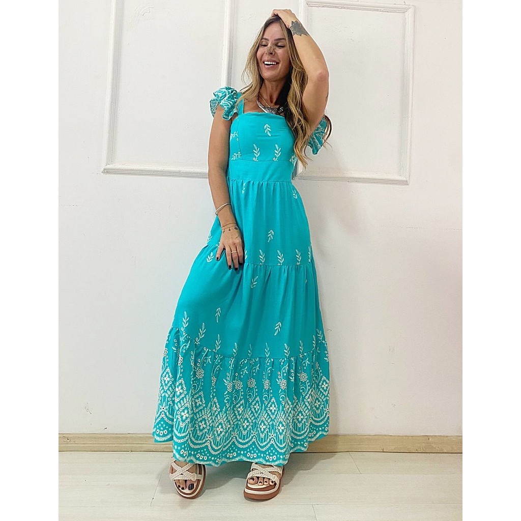 Vestido Longo Midi Feminino Estampado Babado na Manga Elegante Bojo 3 Maria Canelado Casual Festa Moderno Moda Ref 2735
