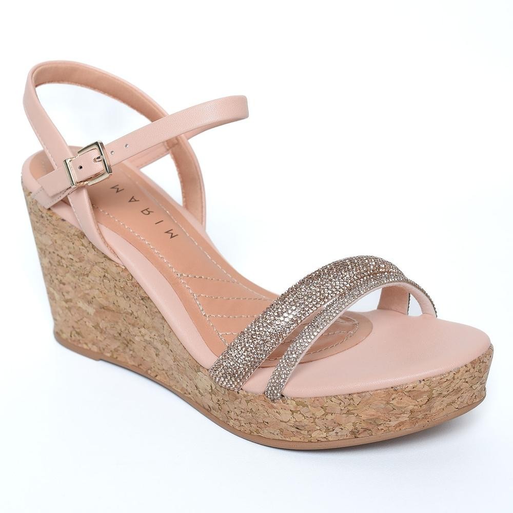 Sandália Anabela Ramarim Cortiça Tiras Strass - Rosa