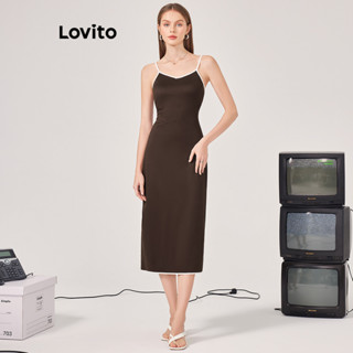 Lovito Casual Vestido Feminino Liso com Costura Contrastante L71ED131 (Marrom/Preto)