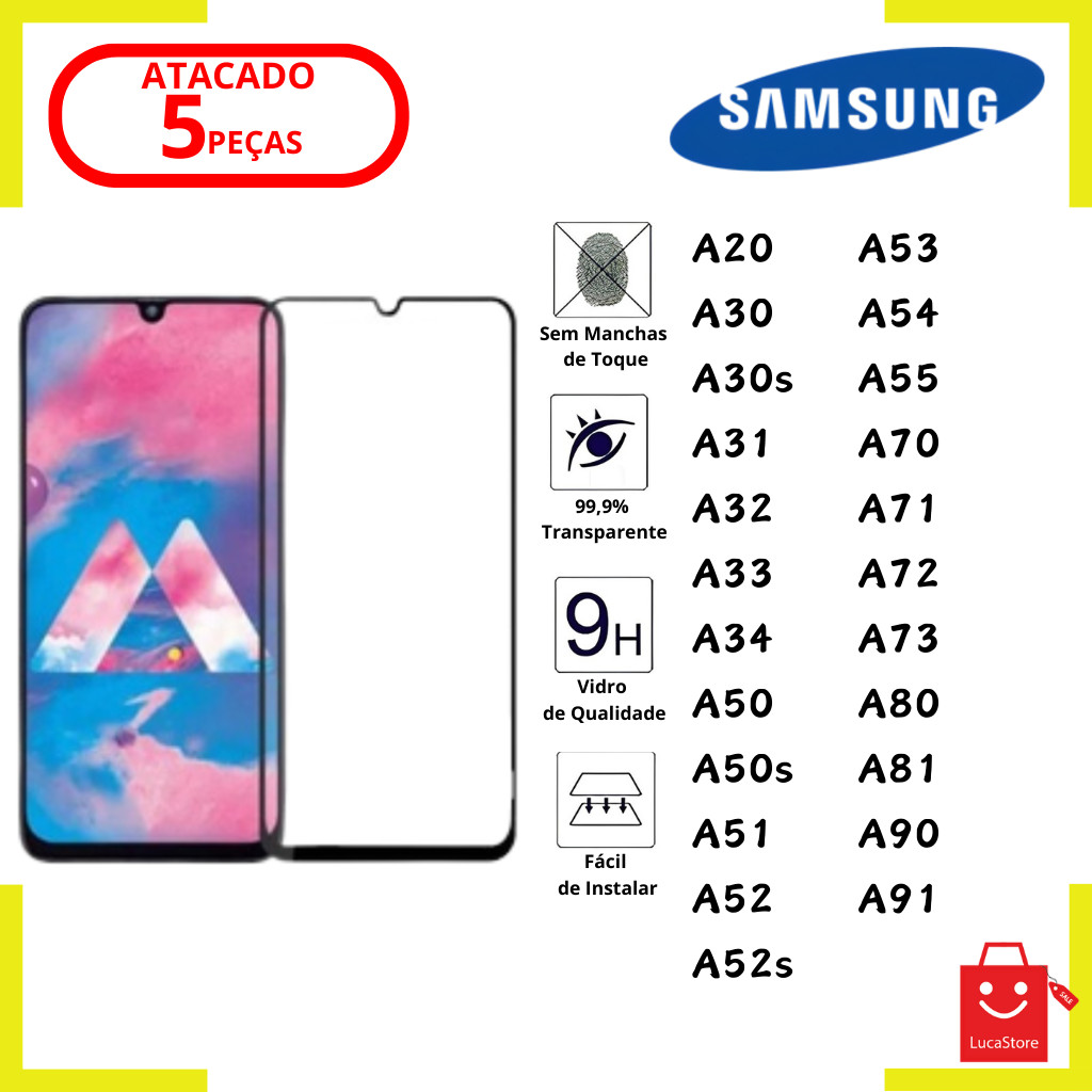 Kit 5 Película De Vidro 3D Anti Shock Para Samsung A20/A30/A30s/A31/A32/A33/A34/A50/A50s/A51/A52/A52s/A53/A54/A55/A70/A71/A72/A73/A80/A81/A90/A91