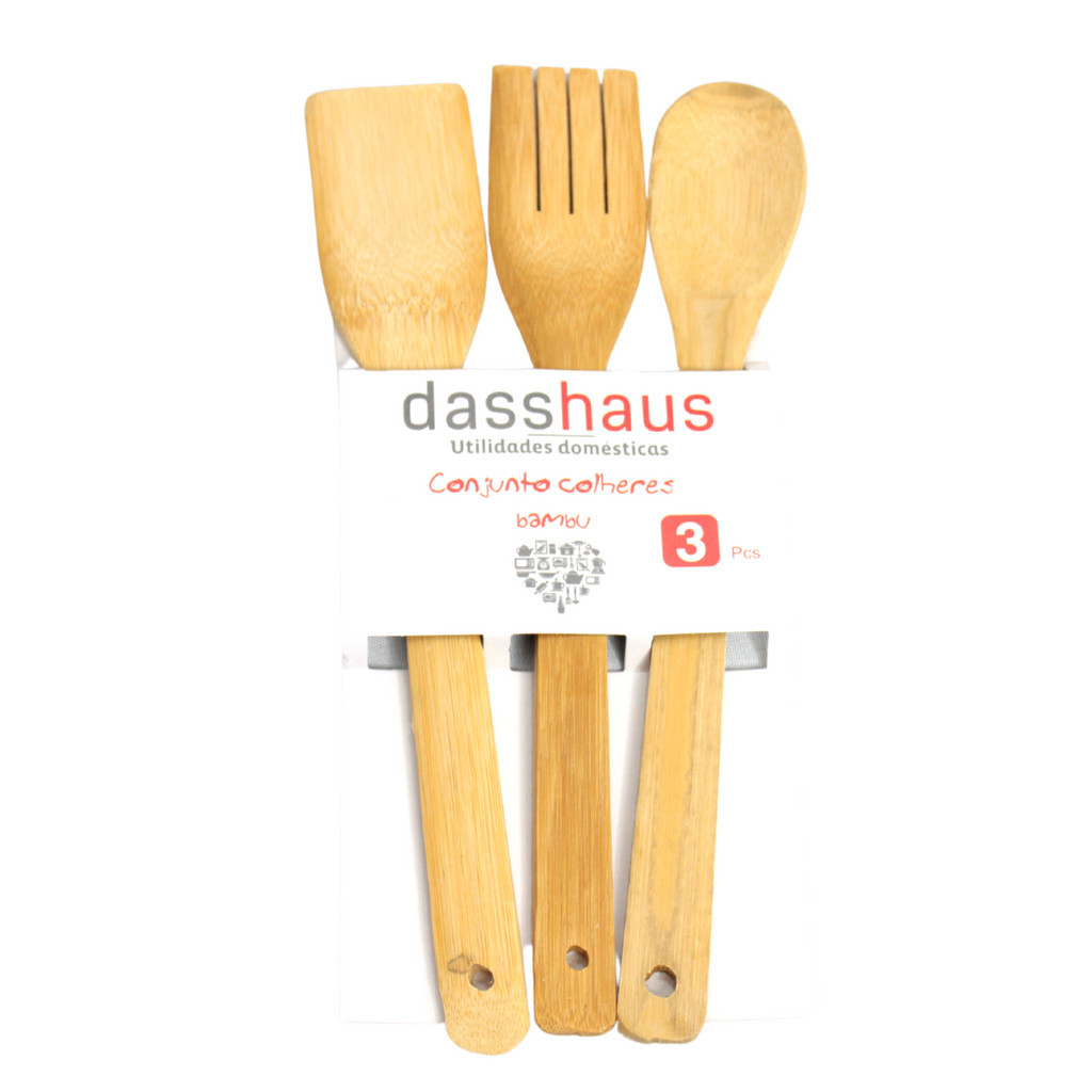 Jogo Colheres De Bambu Colher Garfo Espátula Para Cozinha 28cm 3 Und.