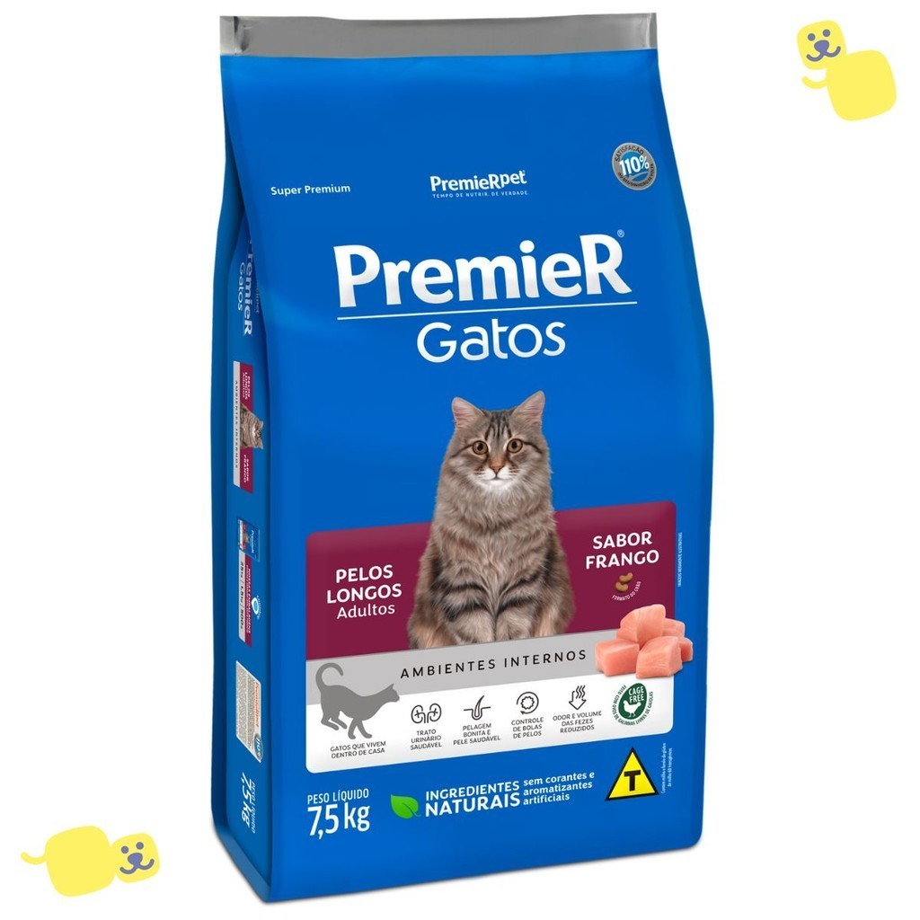 Alimento Premier Gatos Pelos Longos Adultos Ração Sabor Frango 7,5Kg Super Premium Cat
