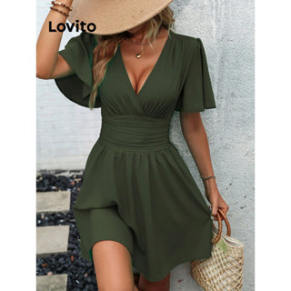 Lovito Vestido Plissado com Borboleta Lisa Casual para Mulheres LBL08374