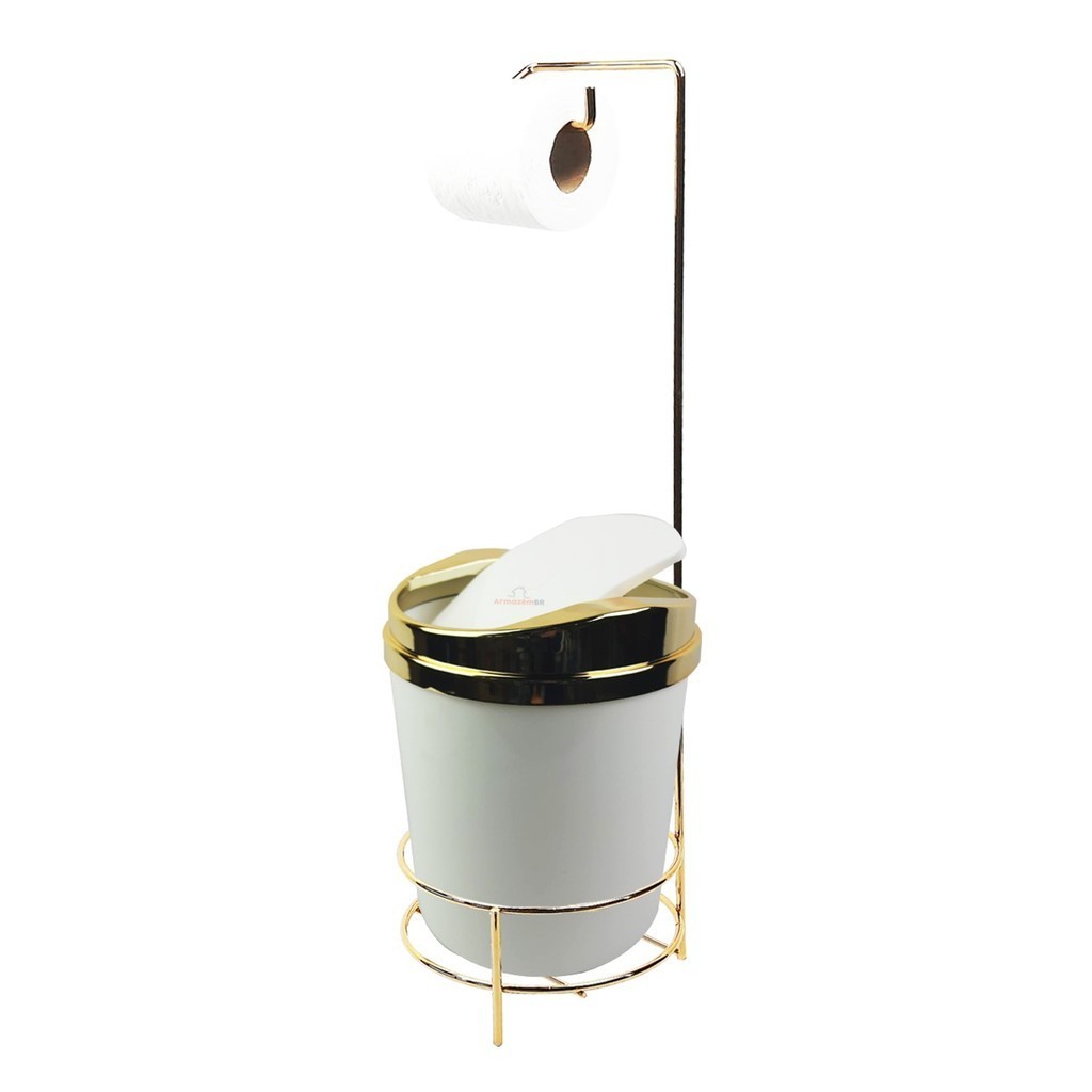 Kit Suporte Porta Papel Higiênico Lixeira 5L Basculante Banheiro Branco Dourado - AMZ