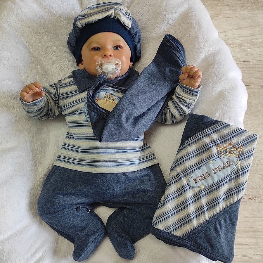 Saída de Maternidade Para Bebê Menino Sonho Meu Bordado de Ursinho Bear Jeans - Tamanho Único