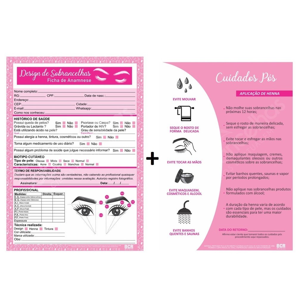 Kit Bloco Ficha Anamnese Design Sobrancelhas ( Cuidados Pós com 100 Folhas cada) em Oferta na Shopee