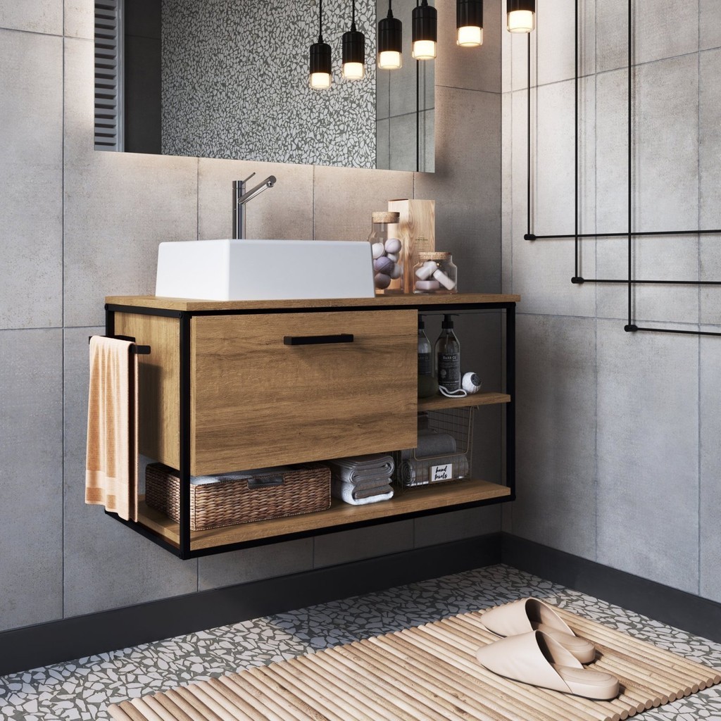 Gabinete Suspenso para Banheiro 80cm com Cuba  Preto/Mel - Home & Living