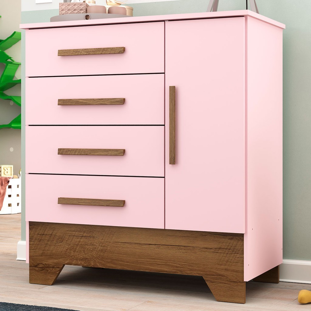 Cômoda Infantil Kids 1 Porta 4 Gavetas Rosa/Nature - Panorama Móveis em Oferta na Shopee