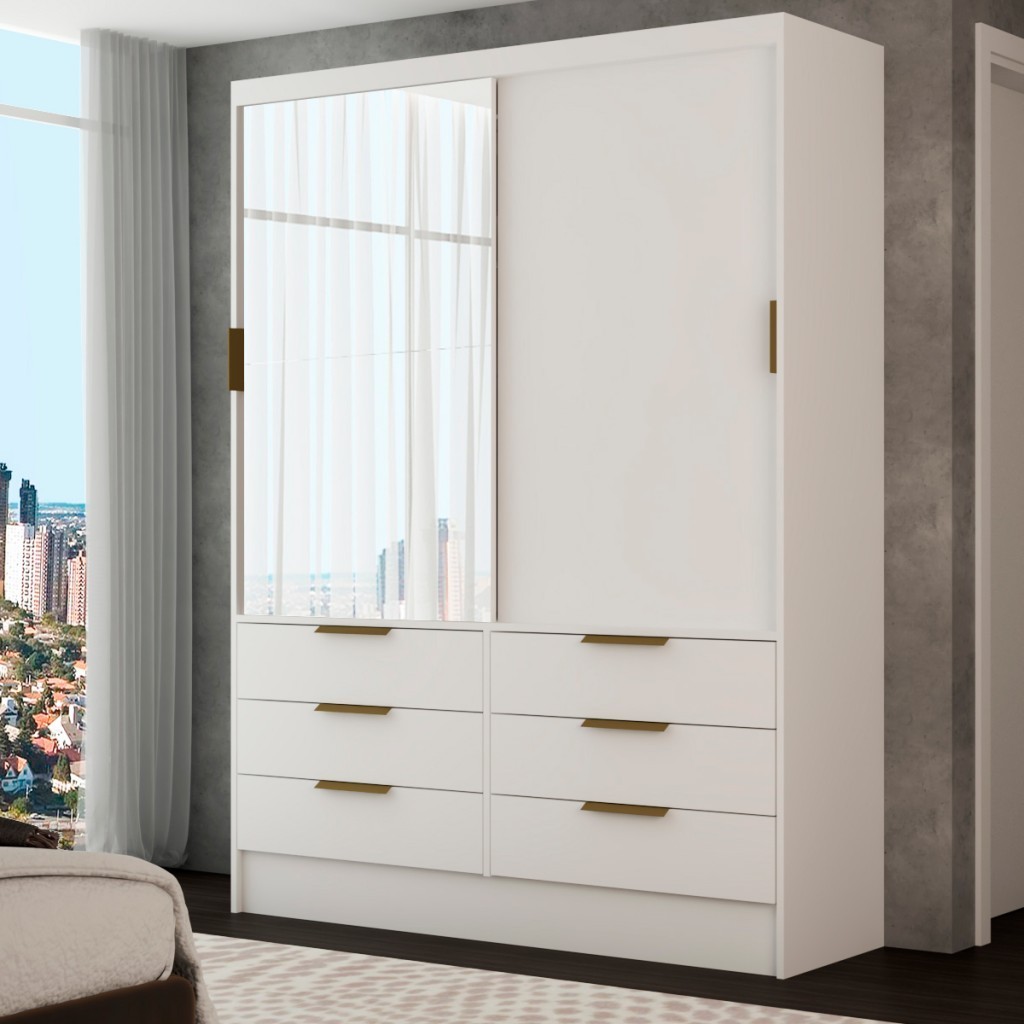 Guarda-Roupa Solteiro Taylor 2 Portas de Correr 6 Gavetas com Espelho - Home & Living