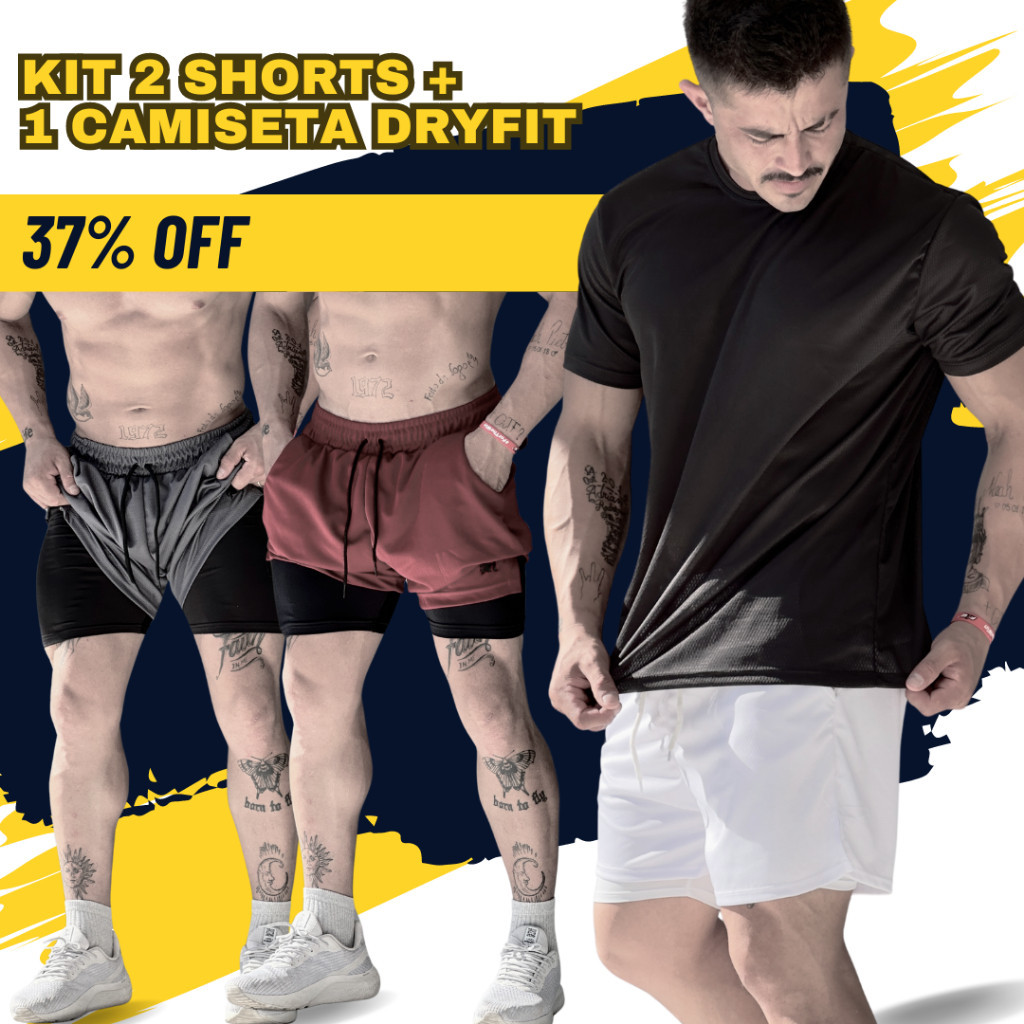 Kit com 2 Shorts de Compressão e 1 Camiseta Dry para Treino e Corrida