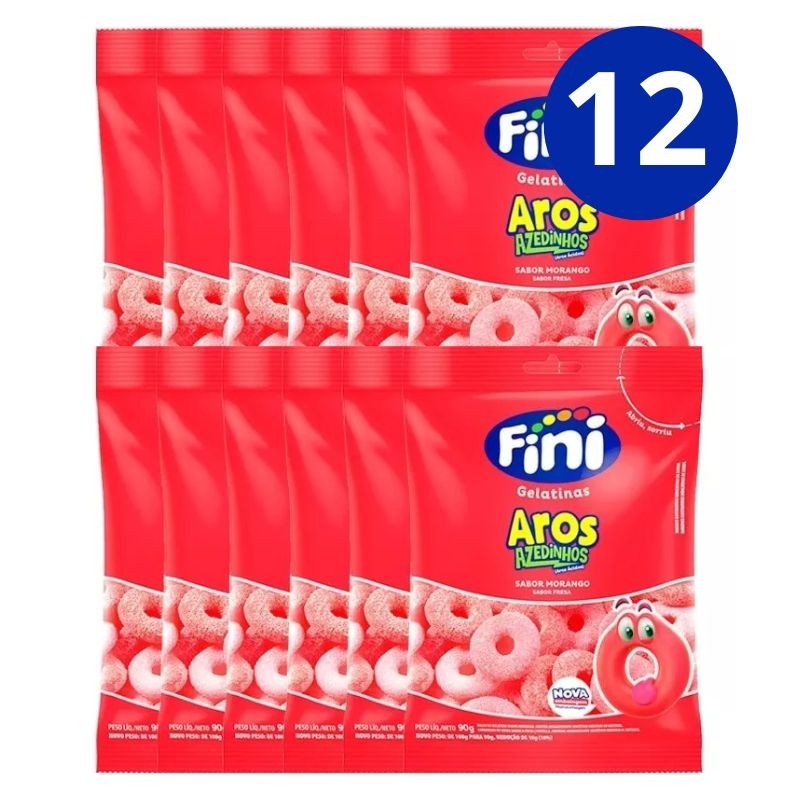 Bala Fini Gelatina Aros de Morango Azedinhos 90g 12 Unidades Bala de Gelatina Colorida Mástigavel Sem Glutén