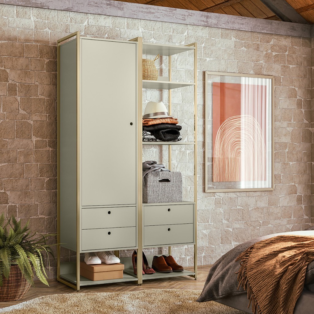 Guarda Roupa Closet Industrial - Porta - Gav - Prateleiras - Estrutura Metálica - Off White - Olivar