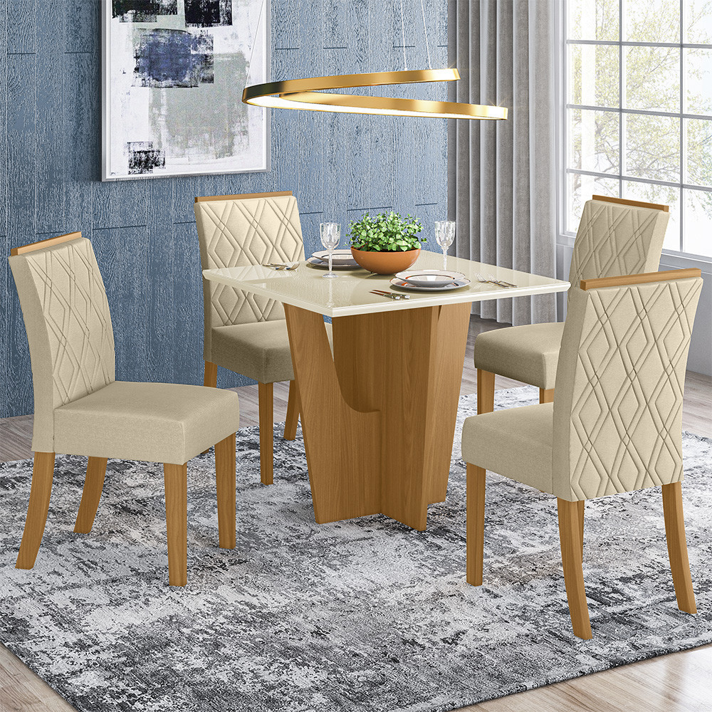 Conjunto Sala de Jantar Tampo MDF Canto Reto com Vidro 90 Cm 4 Cadeiras Andressa Henn