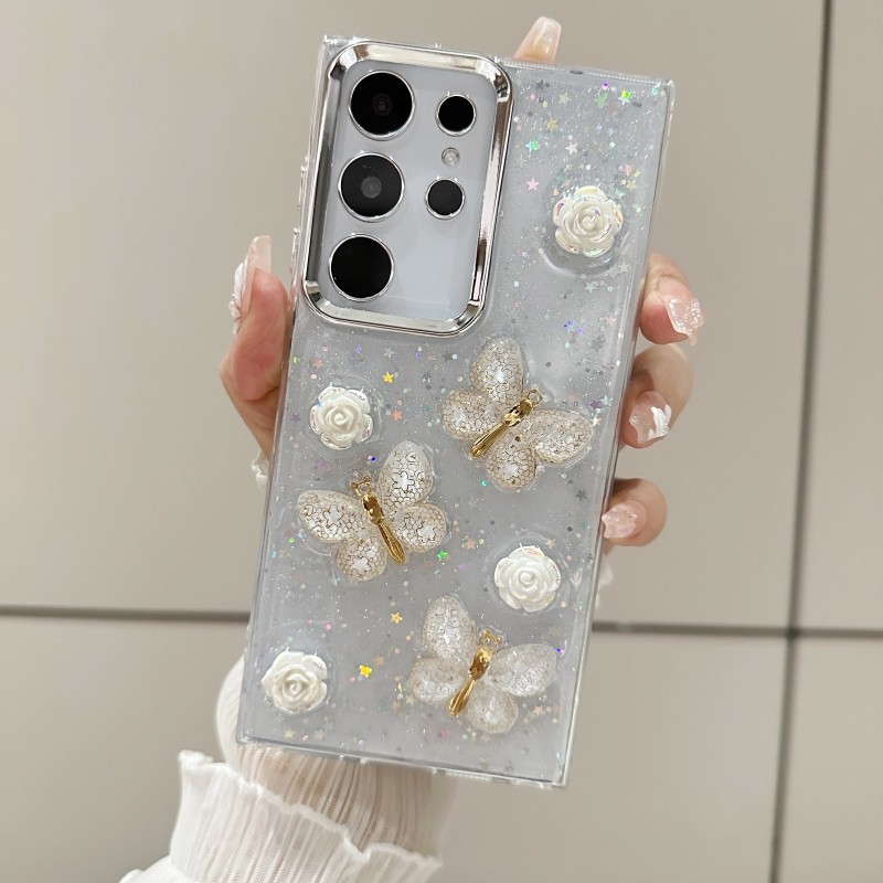 Moda Brilhante Estrela 3D Borboleta Flor Transparente Para Samsung S24 S23 S22 Ultra Plus S23 S21 S20 FE A55 A35 A15 A05 Capa Traseira À Prova De Choque