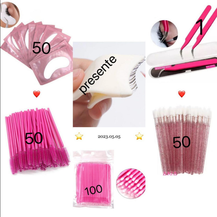 Kit 50 Pares Pad Gel + 100 Microbrush + 1 Postiços Aplicador Rímel Clipe + 50 Aplicador de Gloss + 50 Escovinhas + 1 Pinça Curva Cílios