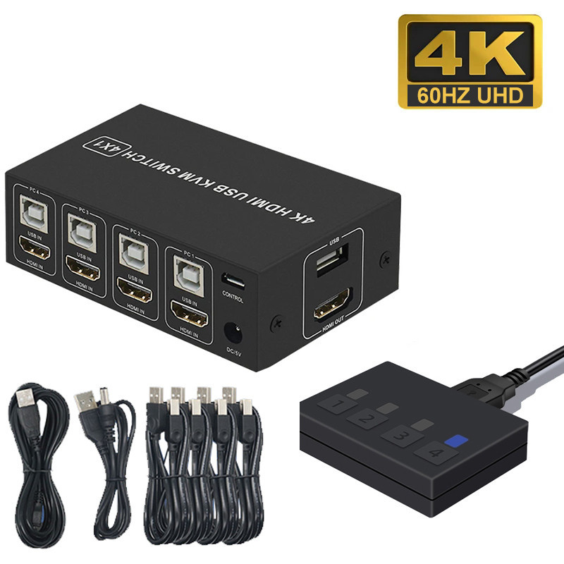 4K HDMI KVM Switch 4x1 4 Em 1 Saída 4K 60Hz USB 2.0 Switcher Divisor De Hub Para 4 Laptop PC Host Share Monitor Mouse E 