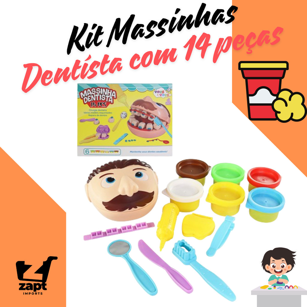 Kit Conjunto Massinha Modelagem Educativo Brincar Temático Profissão Dentista com 14 Peças Play Doh