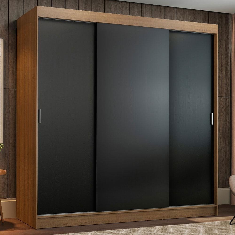 Guarda-Roupa Casal Madesa Reno 3 Portas de Correr - Rustic/Preto - Home & Living