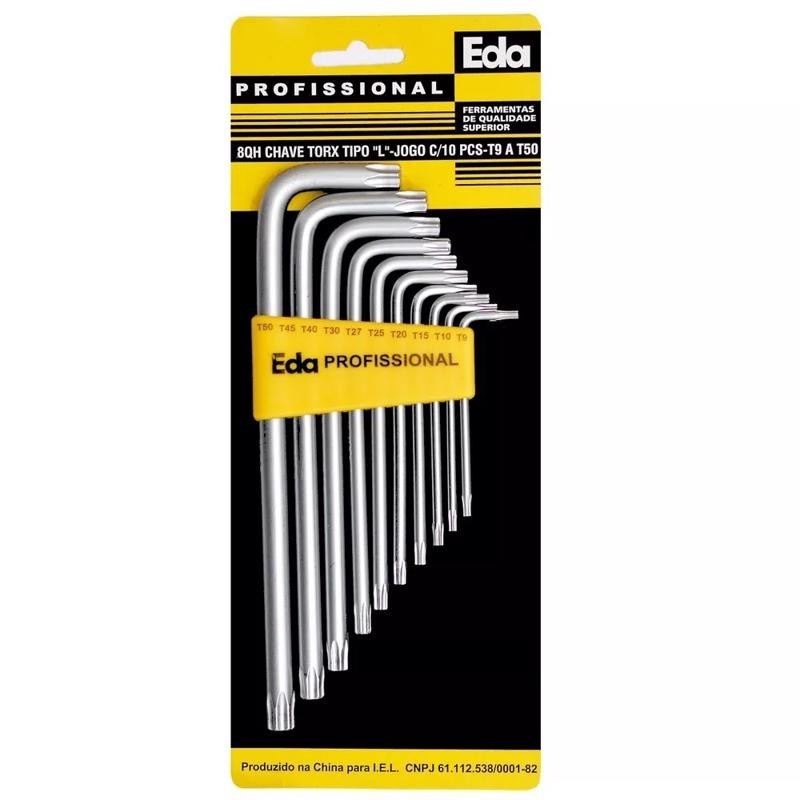 Jogo de Chave Torx com 10 Peças T9 à T50 8QH c/ Guia EDA