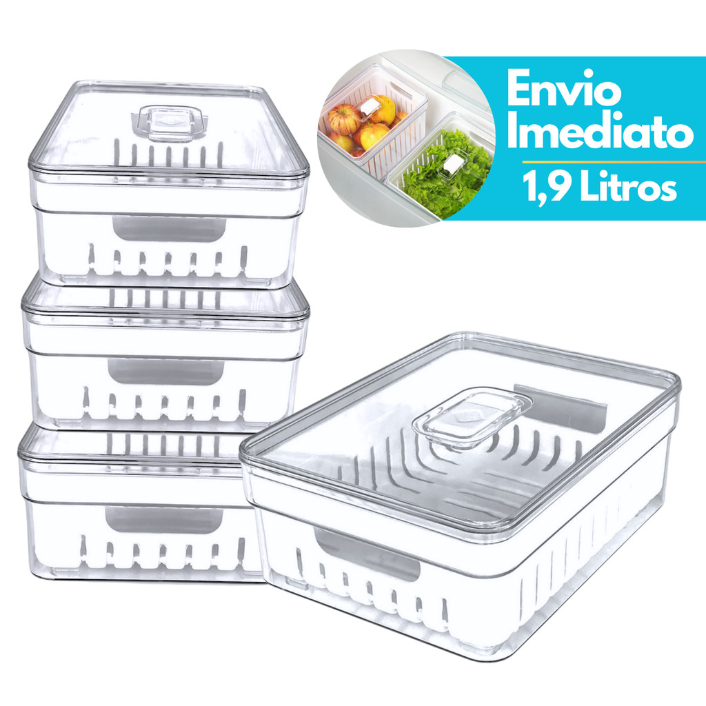 Organizador de Geladeira 1,9 Litros Com Cesto Escorredor Com Tampa Multiuso Alimentos Verduras Potes de Salada
